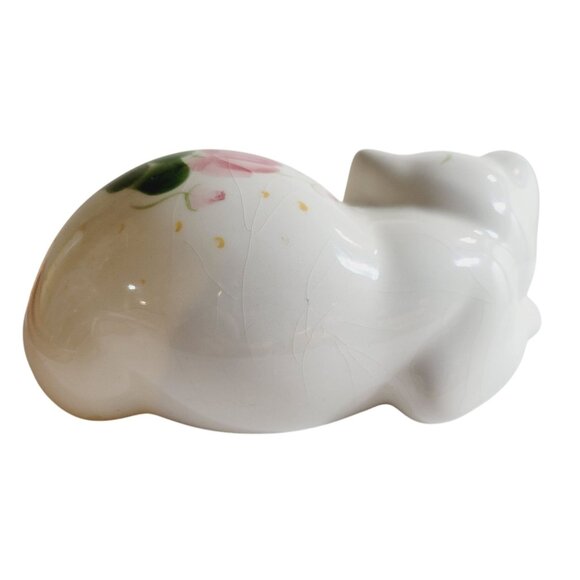 Vintage Hand Painted Ceramic Cat Figurine White Kitten Floral Design - Picture 3 of 9
